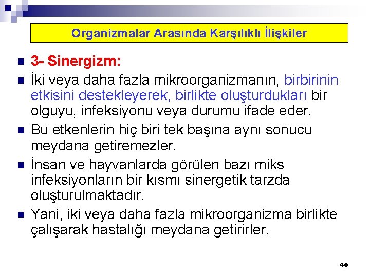 Organizmalar Arasında Karşılıklı İlişkiler n n n 3 - Sinergizm: İki veya daha fazla