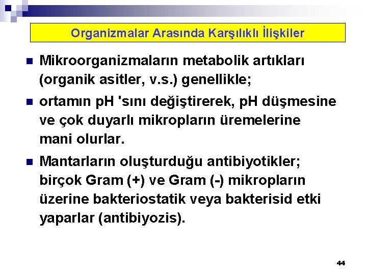 Organizmalar Arasında Karşılıklı İlişkiler n Mikroorganizmaların metabolik artıkları (organik asitler, v. s. ) genellikle;