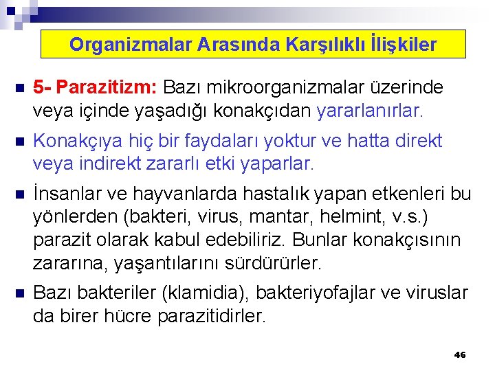 Organizmalar Arasında Karşılıklı İlişkiler n 5 - Parazitizm: Bazı mikroorganizmalar üzerinde veya içinde yaşadığı