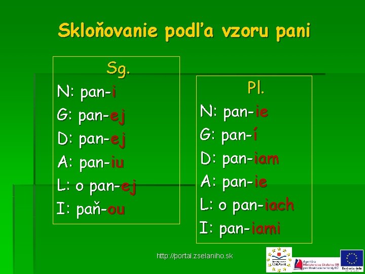 Skloňovanie podľa vzoru pani Sg. N: pan-i G: pan-ej D: pan-ej A: pan-iu L: