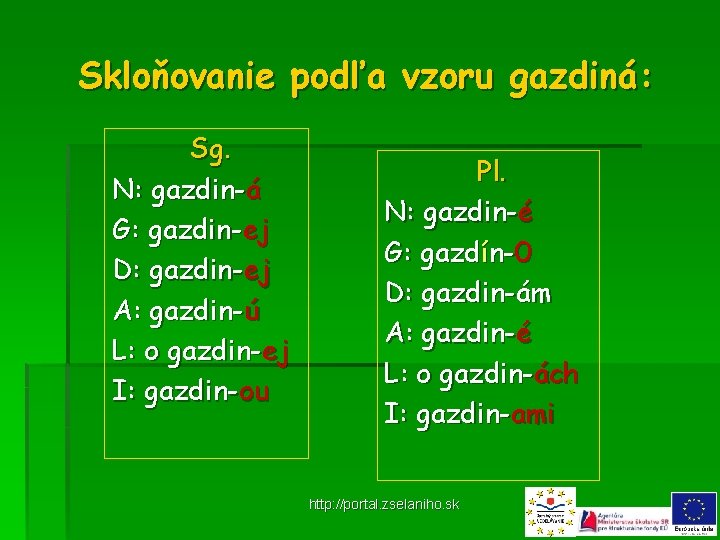 Skloňovanie podľa vzoru gazdiná: Sg. N: gazdin-á G: gazdin-ej D: gazdin-ej A: gazdin-ú L: