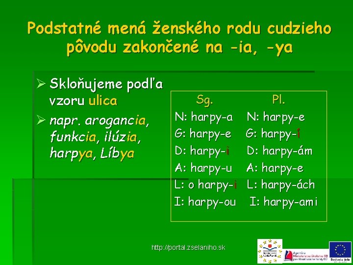 Podstatné mená ženského rodu cudzieho pôvodu zakončené na -ia, -ya Ø Skloňujeme podľa vzoru