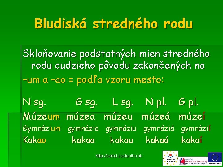 Bludiská stredného rodu Skloňovanie podstatných mien stredného rodu cudzieho pôvodu zakončených na –um a