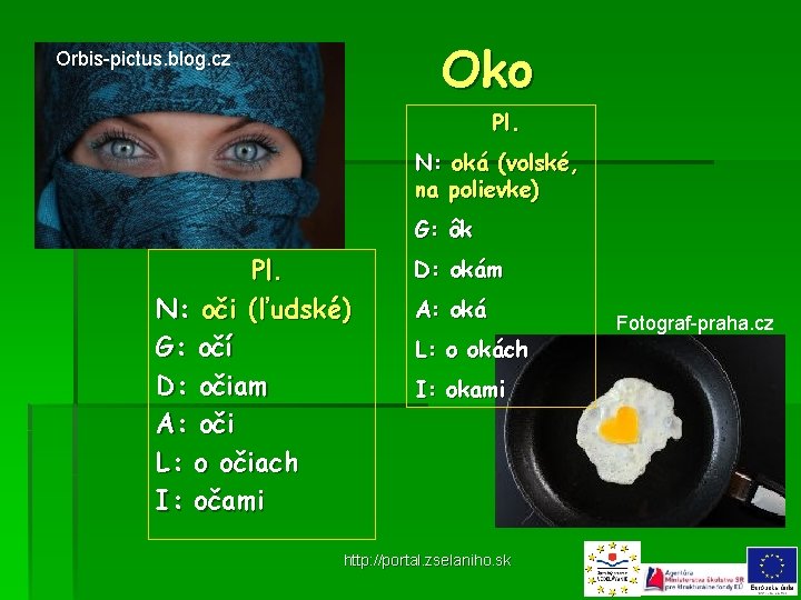 Oko Orbis-pictus. blog. cz Pl. N: oká (volské, na polievke) G: ôk Pl. N:
