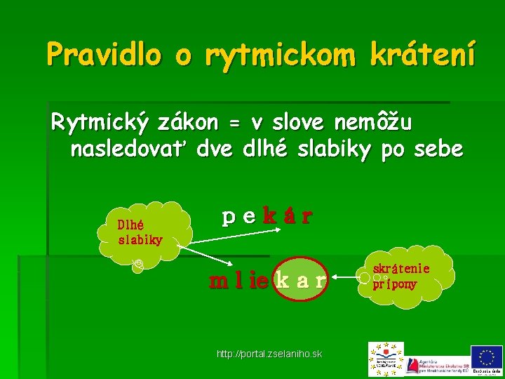 Pravidlo o rytmickom krátení Rytmický zákon = v slove nemôžu nasledovať dve dlhé slabiky