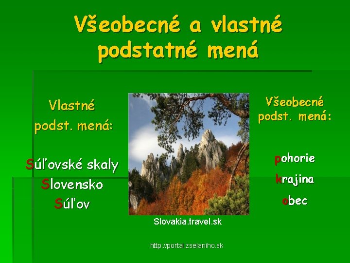 Všeobecné a vlastné podstatné mená Vlastné podst. mená: Všeobecné podst. mená: Súľovské skaly Slovensko