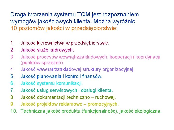 Droga tworzenia systemu TQM jest rozpoznaniem wymogów jakościowych klienta. Można wyróżnić 10 poziomów jakości