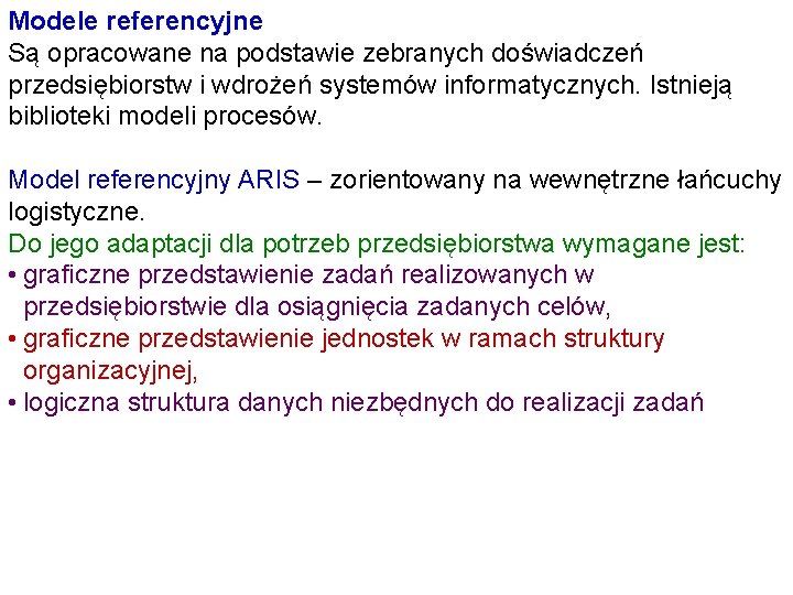 Modele referencyjne Są opracowane na podstawie zebranych doświadczeń przedsiębiorstw i wdrożeń systemów informatycznych. Istnieją