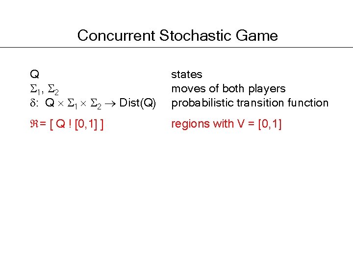 Concurrent Stochastic Game Q 1, 2 : Q 1 2 Dist(Q) states moves of