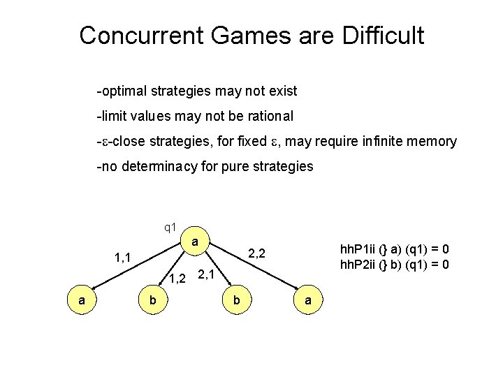 Concurrent Games are Difficult -optimal strategies may not exist -limit values may not be
