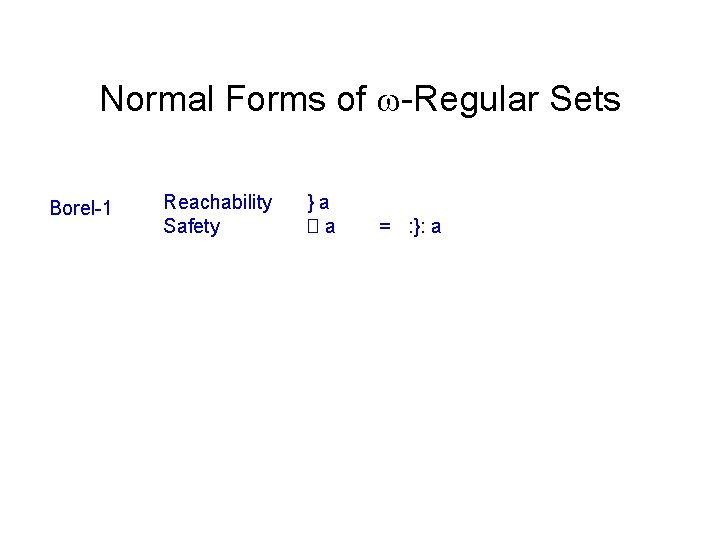 Normal Forms of -Regular Sets Borel-1 Reachability Safety }a �a = : }: a