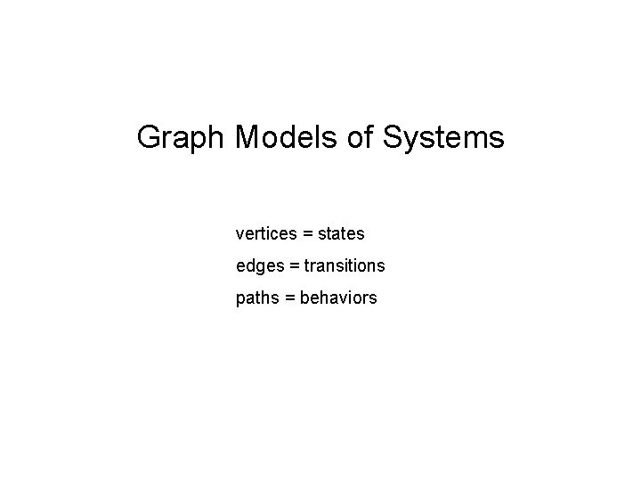 Graph Models of Systems vertices = states edges = transitions paths = behaviors 