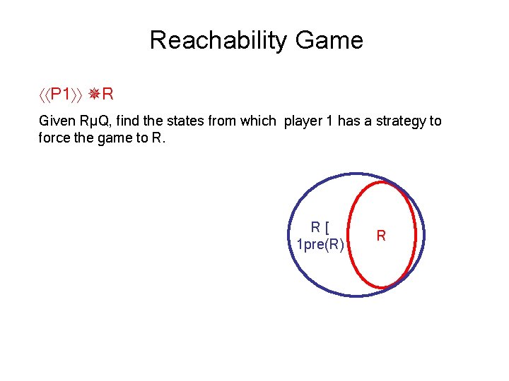 Reachability Game P 1 R Given RµQ, find the states from which player 1