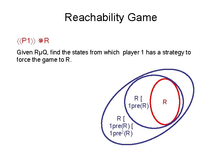 Reachability Game P 1 R Given RµQ, find the states from which player 1