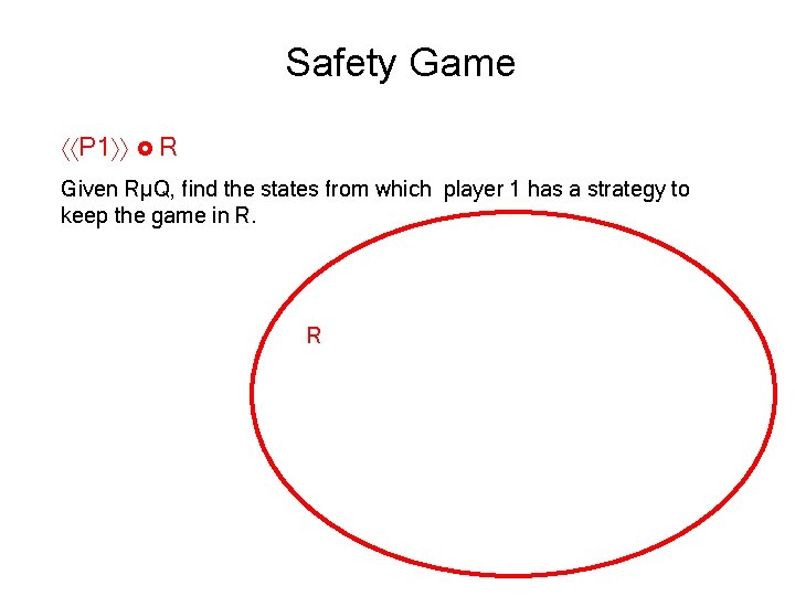 Safety Game P 1 R Given RµQ, find the states from which player 1