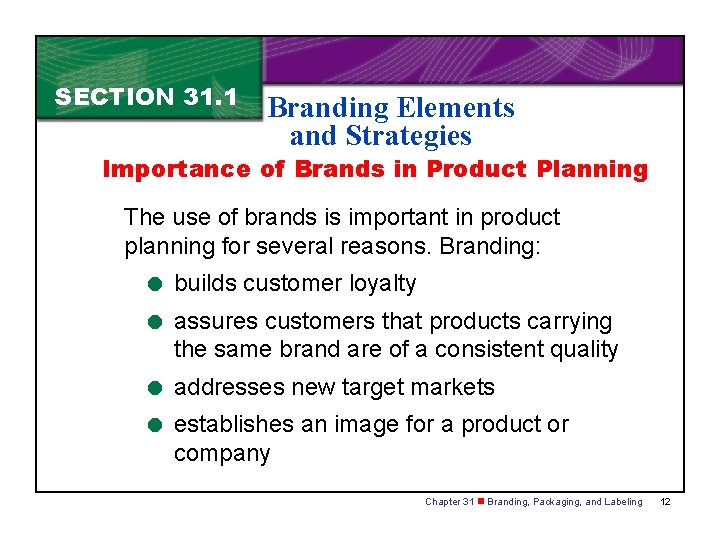 SECTION 31. 1 Branding Elements and Strategies Importance of Brands in Product Planning The