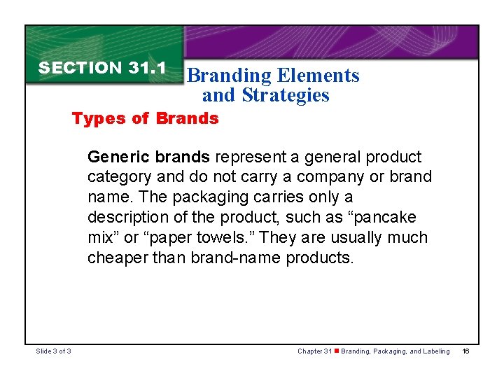 SECTION 31. 1 Branding Elements and Strategies Types of Brands Generic brands represent a