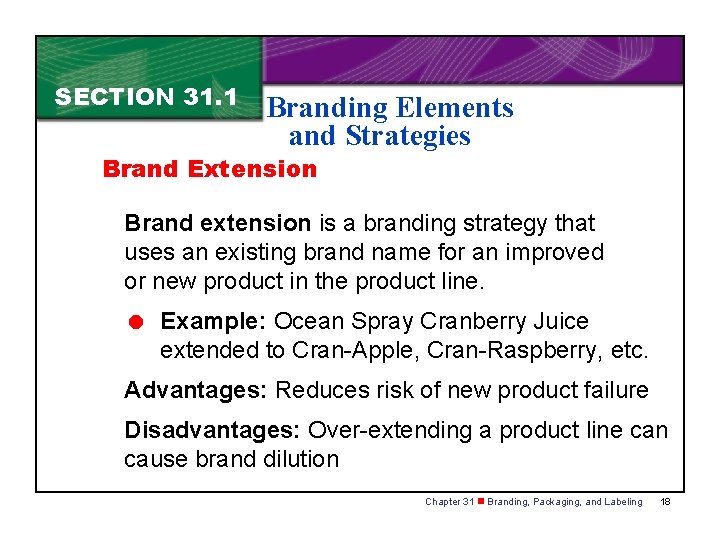 SECTION 31. 1 Branding Elements and Strategies Brand Extension Brand extension is a branding