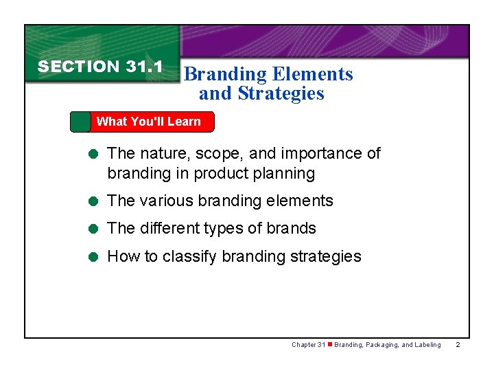 SECTION 31. 1 Branding Elements and Strategies What You'll Learn = The nature, scope,