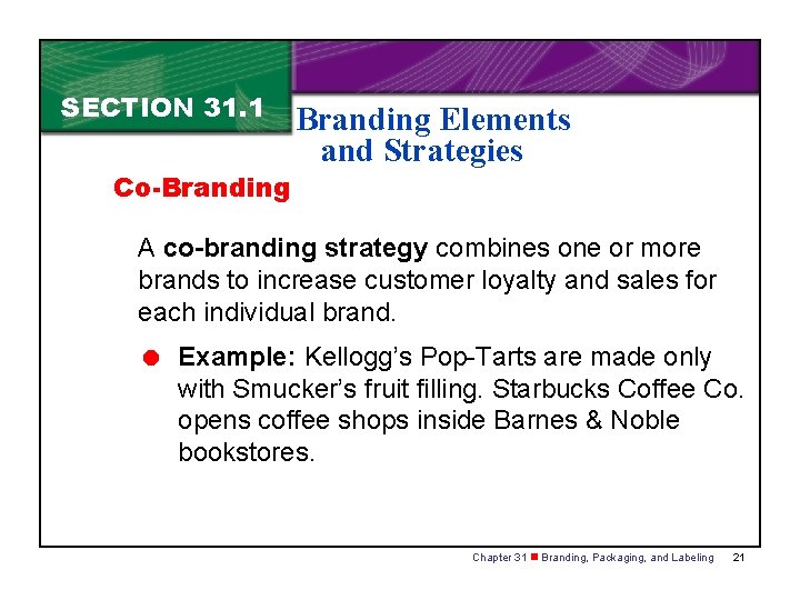 SECTION 31. 1 Co-Branding Elements and Strategies A co-branding strategy combines one or more