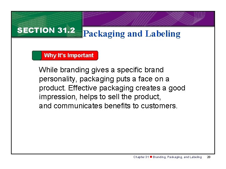 SECTION 31. 2 Packaging and Labeling Why It's Important While branding gives a specific