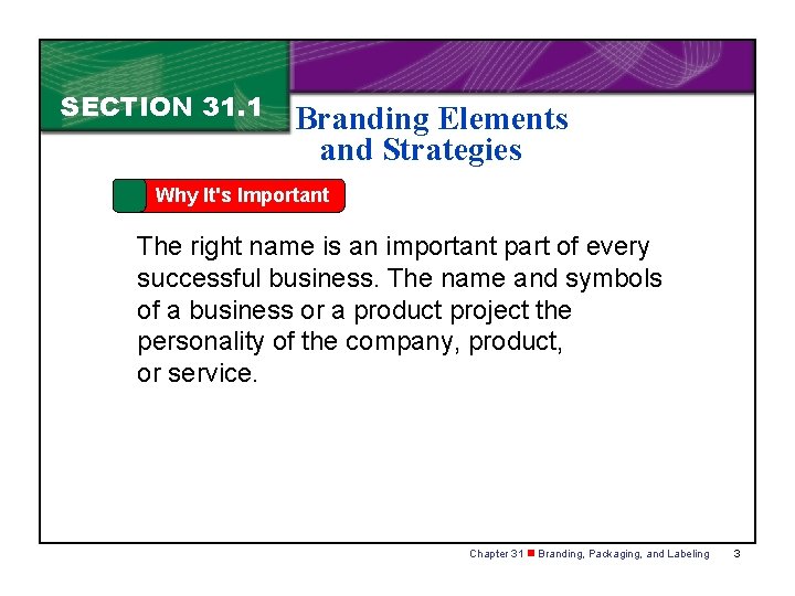 SECTION 31. 1 Branding Elements and Strategies Why It's Important The right name is