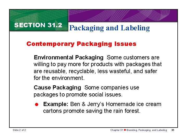 SECTION 31. 2 Packaging and Labeling Contemporary Packaging Issues Environmental Packaging Some customers are