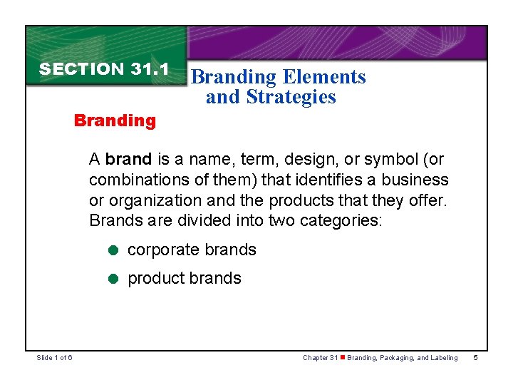 SECTION 31. 1 Branding Elements and Strategies A brand is a name, term, design,