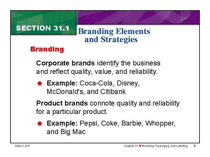SECTION 31. 1 Branding Elements and Strategies Corporate brands identify the business and reflect