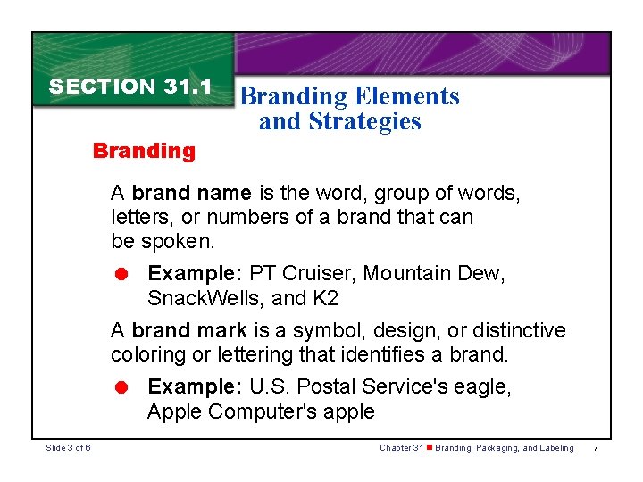 SECTION 31. 1 Branding Elements and Strategies A brand name is the word, group