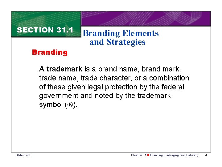 SECTION 31. 1 Branding Elements and Strategies A trademark is a brand name, brand