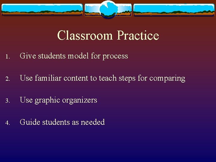 Classroom Practice 1. Give students model for process 2. Use familiar content to teach