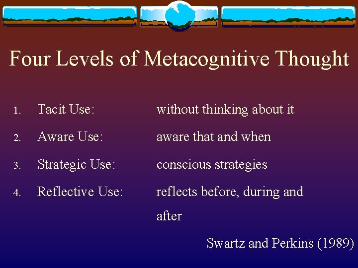 Four Levels of Metacognitive Thought 1. Tacit Use: without thinking about it 2. Aware
