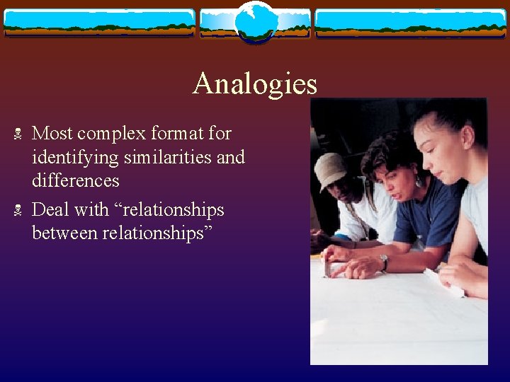 Analogies N N Most complex format for identifying similarities and differences Deal with “relationships