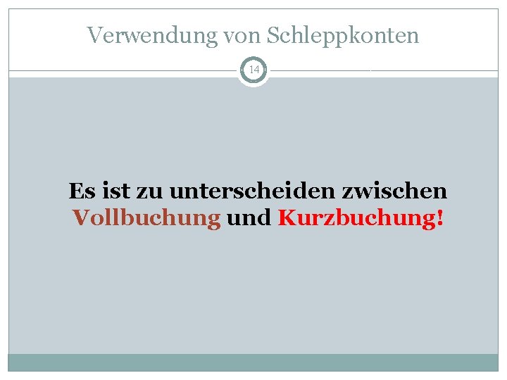 Verwendung von Schleppkonten 14 Es ist zu unterscheiden zwischen Vollbuchung und Kurzbuchung! 