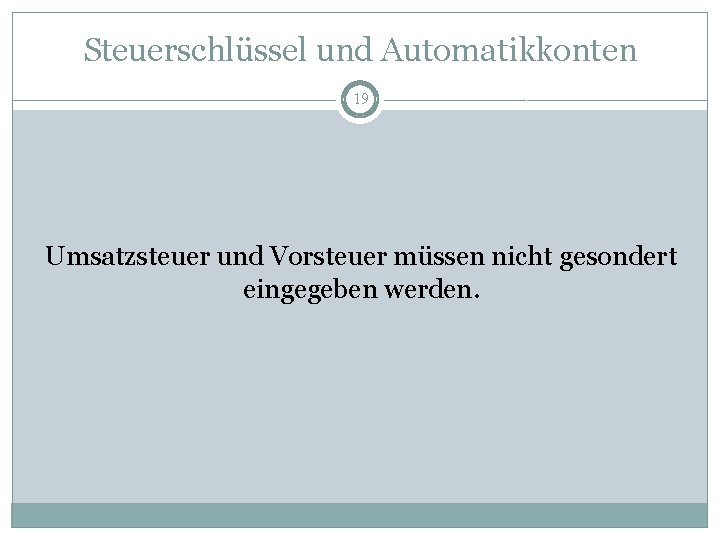 Steuerschlüssel und Automatikkonten 19 Umsatzsteuer und Vorsteuer müssen nicht gesondert eingegeben werden. 