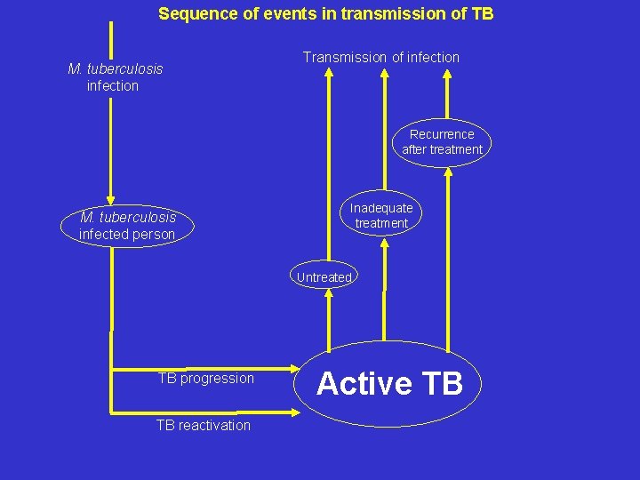 Sequence of events in transmission of TB M. tuberculosis infection Transmission of infection Recurrence