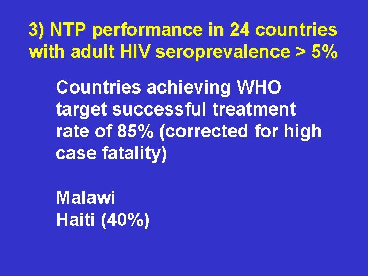 3) NTP performance in 24 countries with adult HIV seroprevalence > 5% Countries achieving