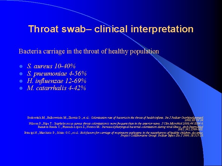 Throat swab– clinical interpretation Bacteria carriage in the throat of healthy population l l