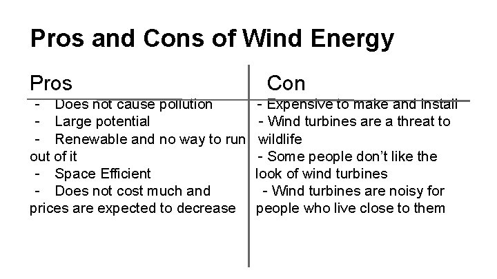 Pros and Cons of Wind Energy Pros - Does not cause pollution - Large