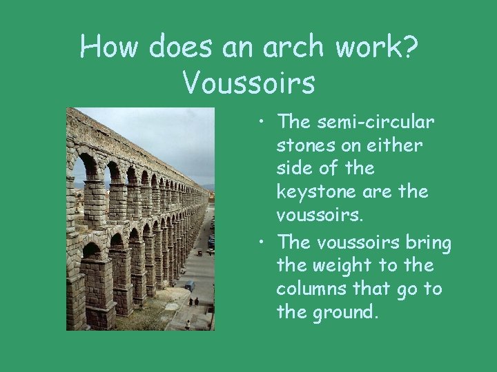 How does an arch work? Voussoirs • The semi-circular stones on either side of