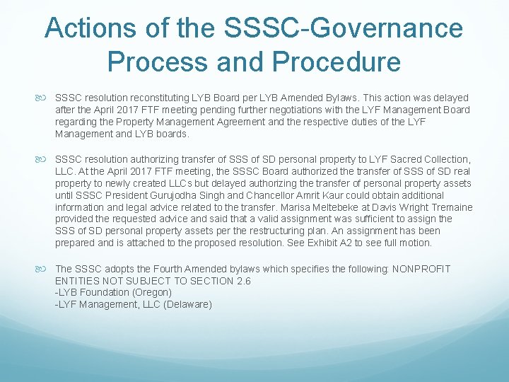 Actions of the SSSC-Governance Process and Procedure SSSC resolution reconstituting LYB Board per LYB