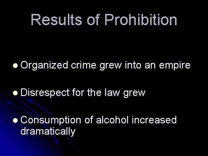 Results of Prohibition l Organized crime grew into an empire l Disrespect for the