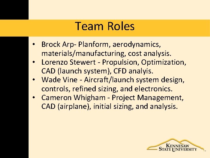 Team Roles • Brock Arp- Planform, aerodynamics, materials/manufacturing, cost analysis. • Lorenzo Stewert -