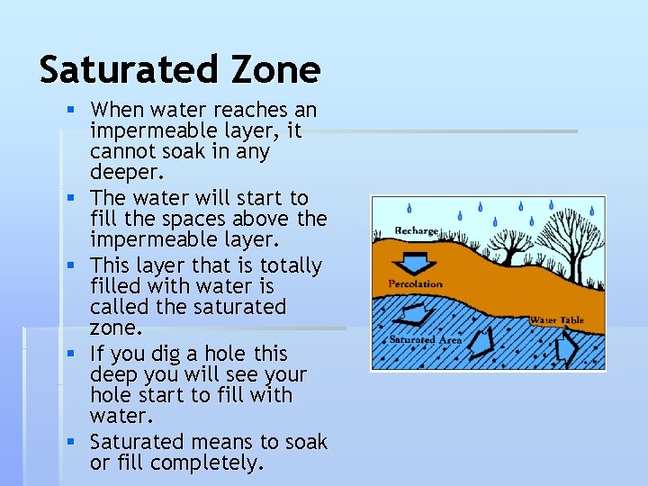 Saturated Zone § When water reaches an impermeable layer, it cannot soak in any