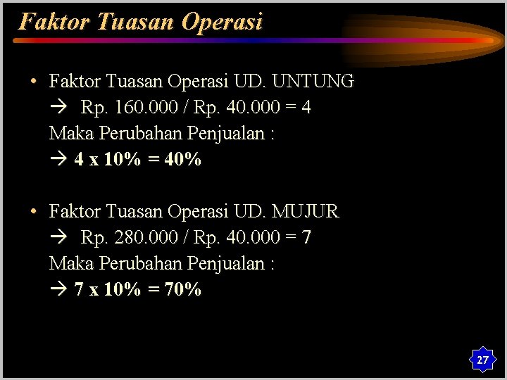 Faktor Tuasan Operasi • Faktor Tuasan Operasi UD. UNTUNG Rp. 160. 000 / Rp.