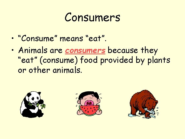 Consumers • “Consume” means “eat”. • Animals are consumers because they “eat” (consume) food
