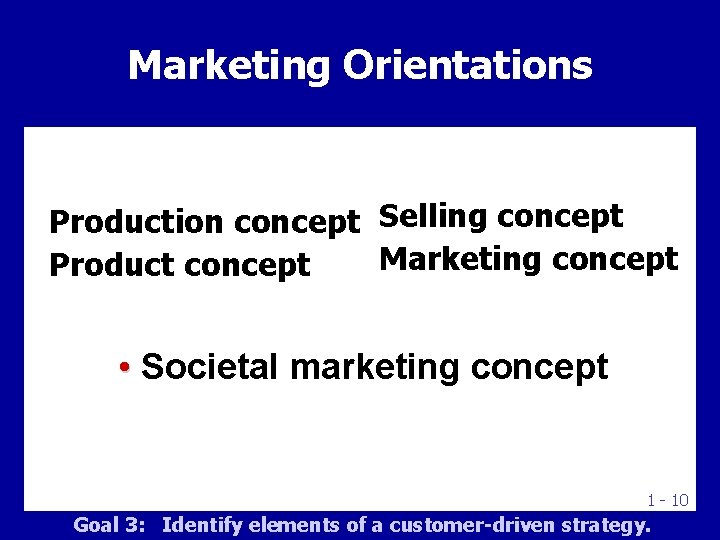Marketing Orientations Marketing Management Production concept Selling concept Marketing concept Product concept • Societal