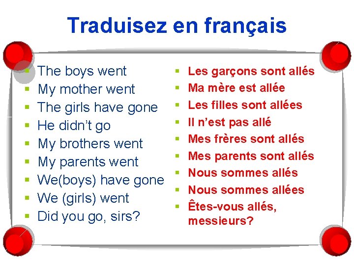 Traduisez en français § § § § § The boys went My mother went