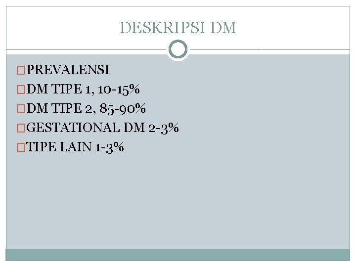 DESKRIPSI DM �PREVALENSI �DM TIPE 1, 10 -15% �DM TIPE 2, 85 -90% �GESTATIONAL